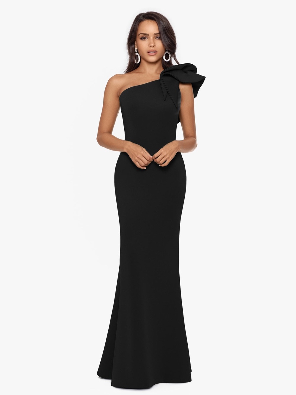 Betsy & Adam Daisy Black One Shoulder Ruffle Formal Gown – Size 4